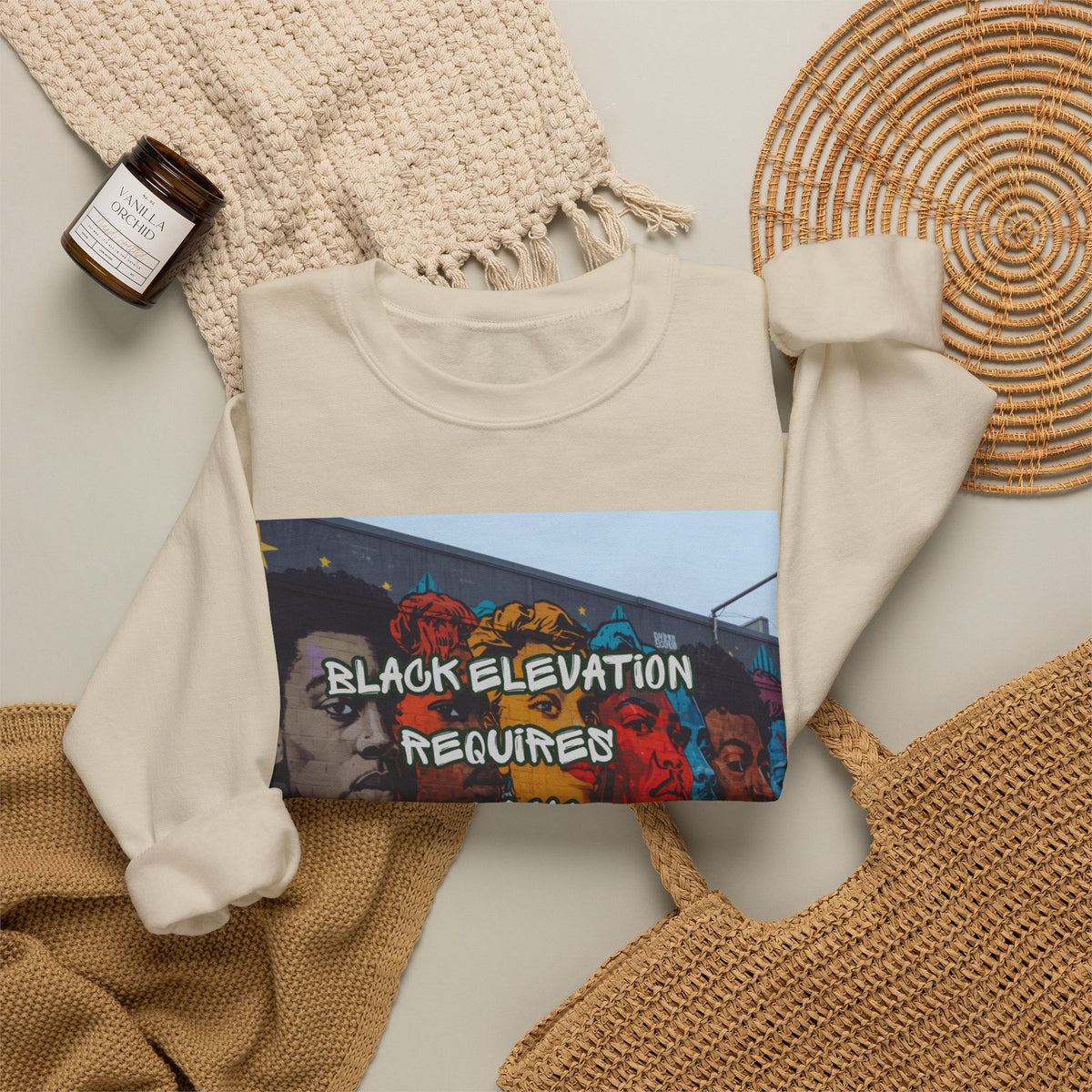 Crewneck Sweatshirt - "Black Elevation Requires Black Unity" Mural Graphic