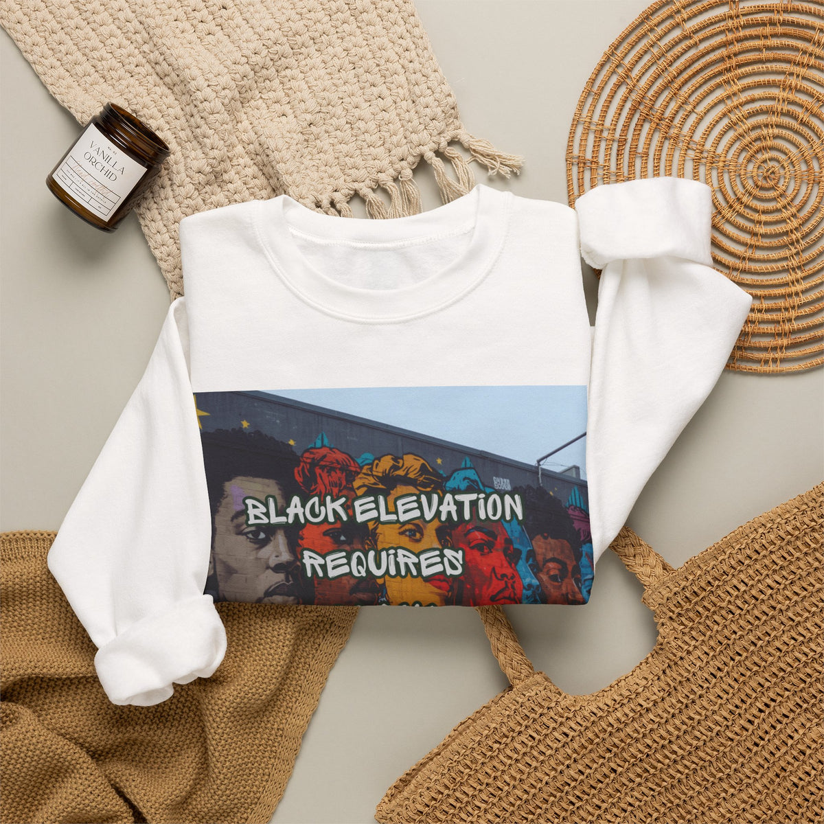 Crewneck Sweatshirt — “Black Elevation Requires Black Unity” Street Art Graphic